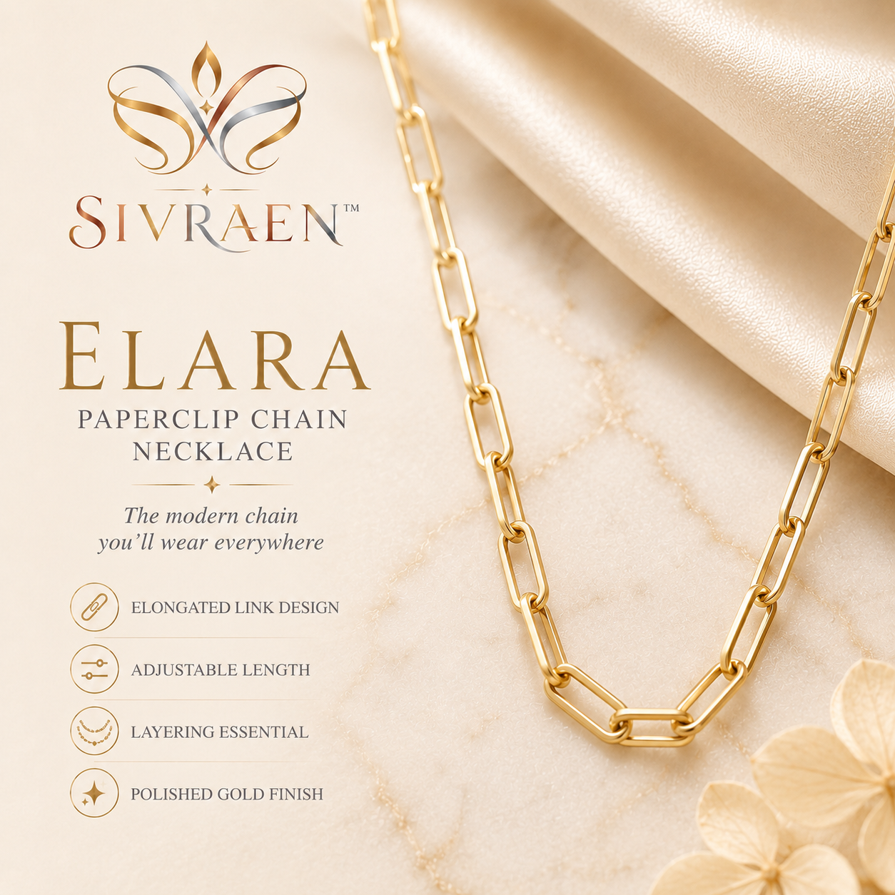 Sivraen™ Elara Paperclip Chain Necklace – Gold Link Chain, Adjustable Layering Necklace, Modern Minimalist Jewelry