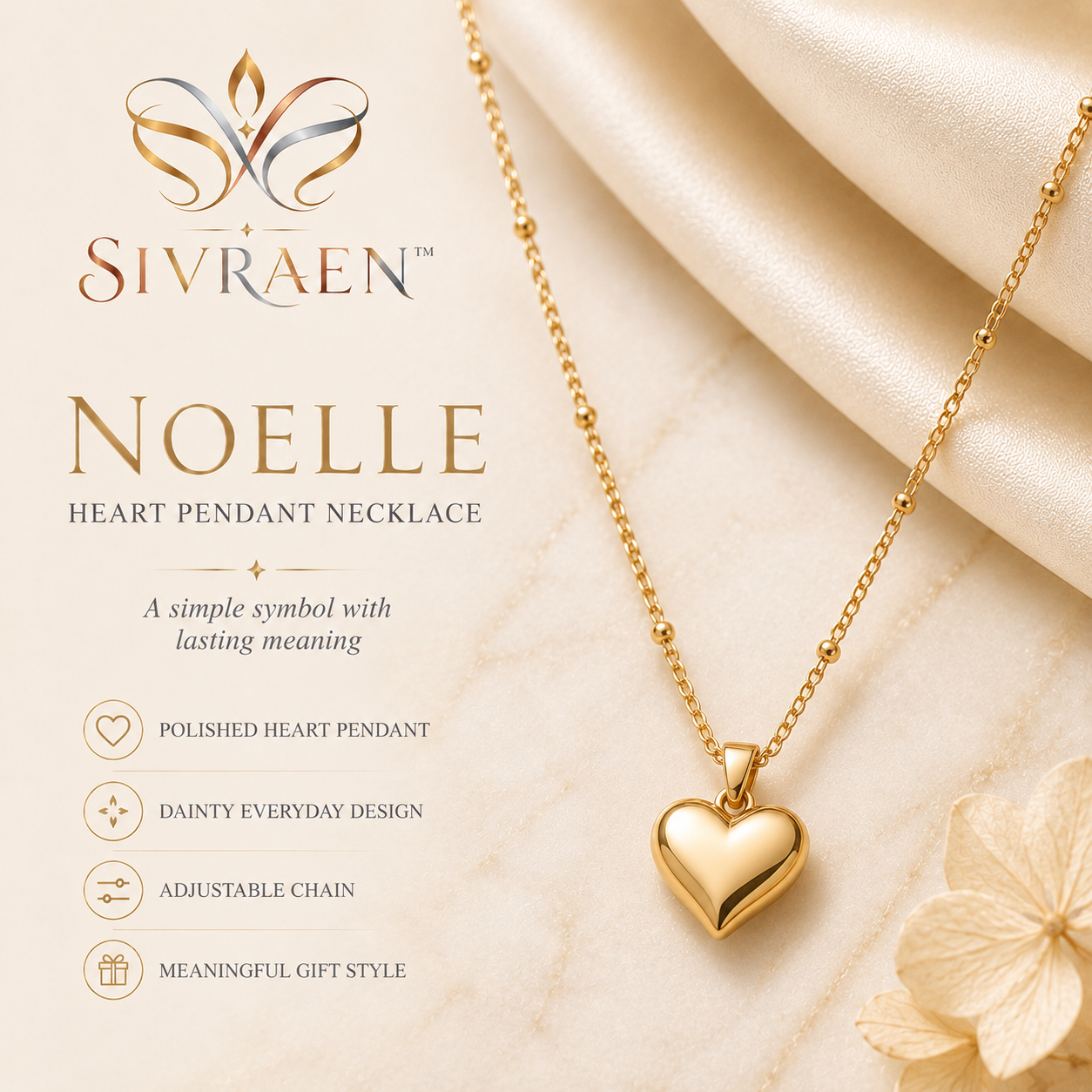 Sivraen™ Noelle Heart Pendant Necklace – Dainty Gold Heart Necklace, Romantic Gift Jewelry, Adjustable Chain