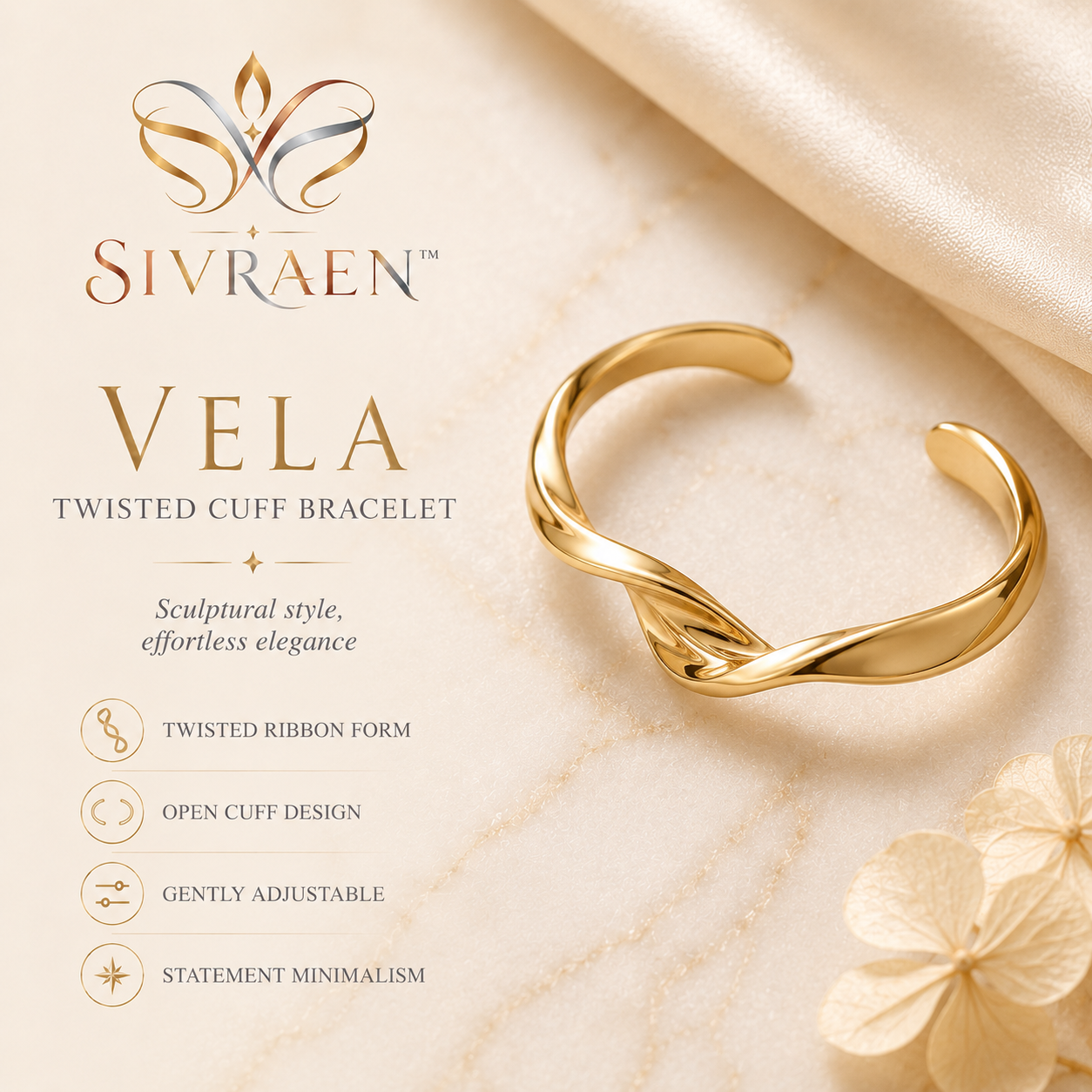 Sivraen™ Vela Twisted Cuff Bracelet – Sculptural Gold Open Bangle, Adjustable Minimalist Statement Jewelry
