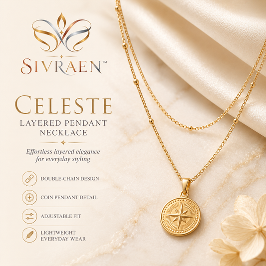 Sivraen™ Celeste Layered Pendant Necklace – 18K Gold-Plated Double Chain Coin Necklace, Adjustable Minimalist Everyday Jewelry