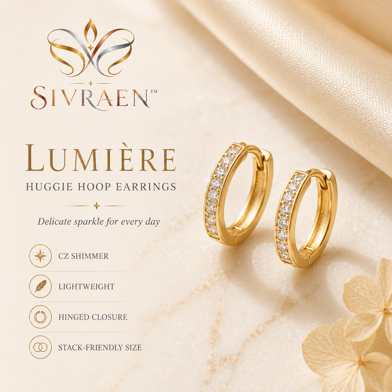 Sivraen™ Lumière Huggie Hoop Earrings – Sparkling Cubic Zirconia Gold Hoops, Small Lightweight Everyday Earrings