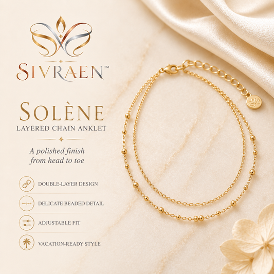 Sivraen™ Solène Layered Chain Anklet – Gold Beaded Anklet, Adjustable Double-Layer Summer Foot Jewelry