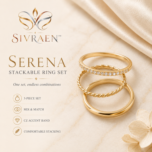 Sivraen™ Serena Stackable Ring Set – 3-Piece Gold-Tone Cubic Zirconia Rings, Minimalist Fashion Band Set
