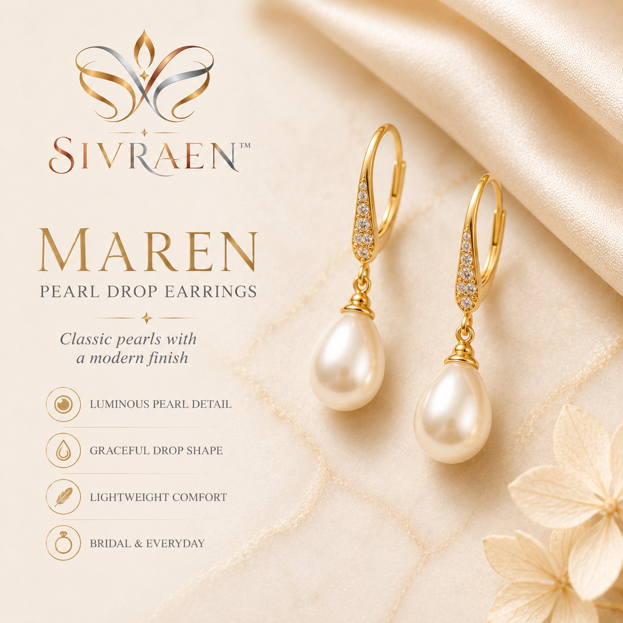 Sivraen™ Maren Pearl Drop Earrings – Classic Simulated Pearl Gold Dangle Earrings, Wedding and Everyday Jewelry