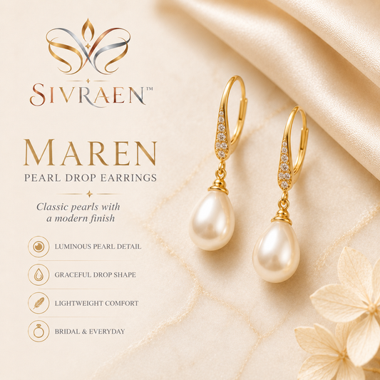Sivraen™ Maren Pearl Drop Earrings – Classic Simulated Pearl Gold Dangle Earrings, Wedding and Everyday Jewelry