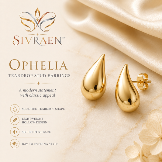 Sivraen™ Ophelia Teardrop Stud Earrings – Polished Gold Statement Earrings, Lightweight Classic Minimalist Jewelry