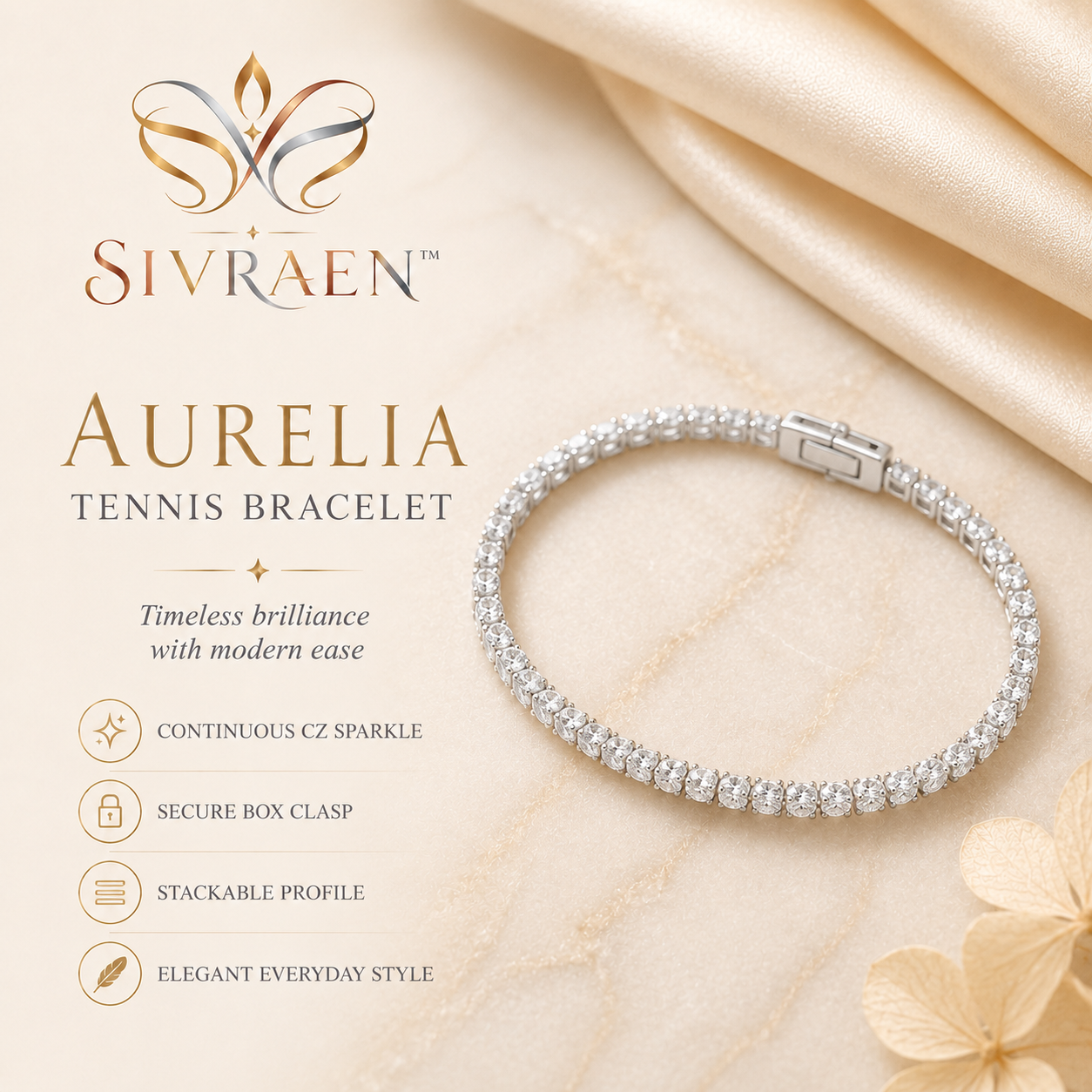 Sivraen™ Aurelia Tennis Bracelet – Sparkling Cubic Zirconia Line Bracelet, Silver-Tone Classic Jewelry